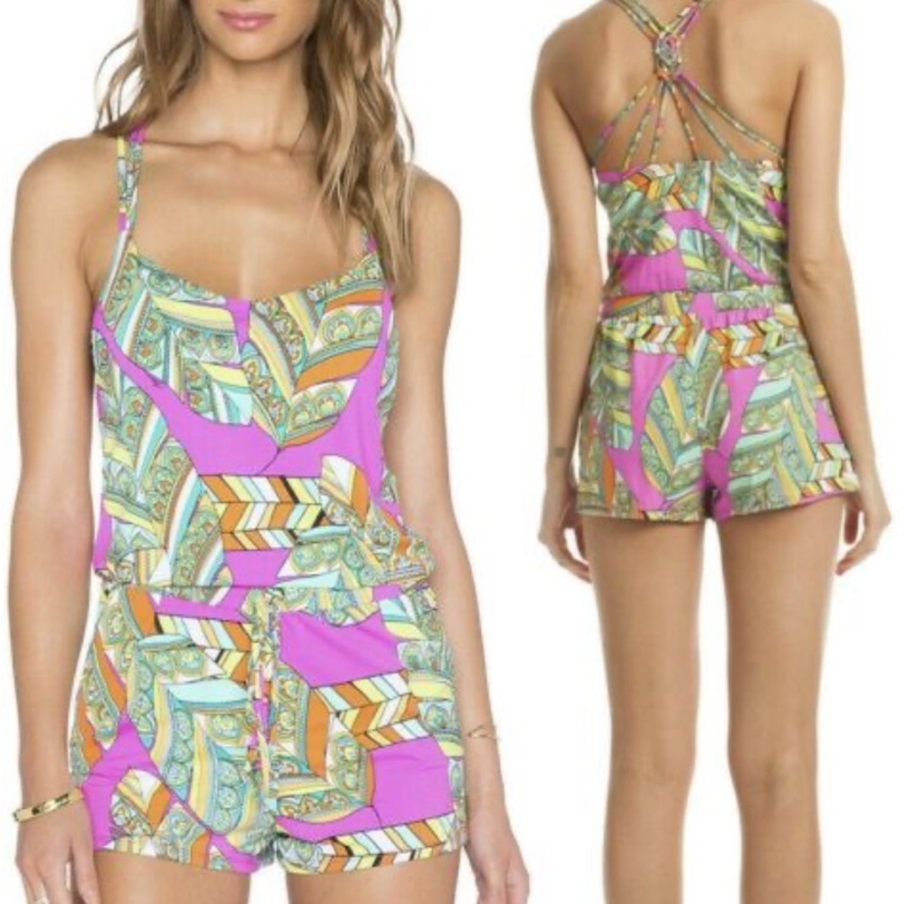 ☀️ 🩷 Trina Turk 💚 Tuvalu Racerback Weave Straps Stretch Short Cover Up Romper M